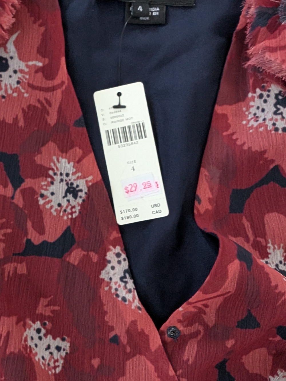 Anthropologie Red Floral V-Neck Blouse with Navy Lining